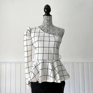 Seduction Check Print One Shoulder Asymmetrical Neckline Peplum Top Size L